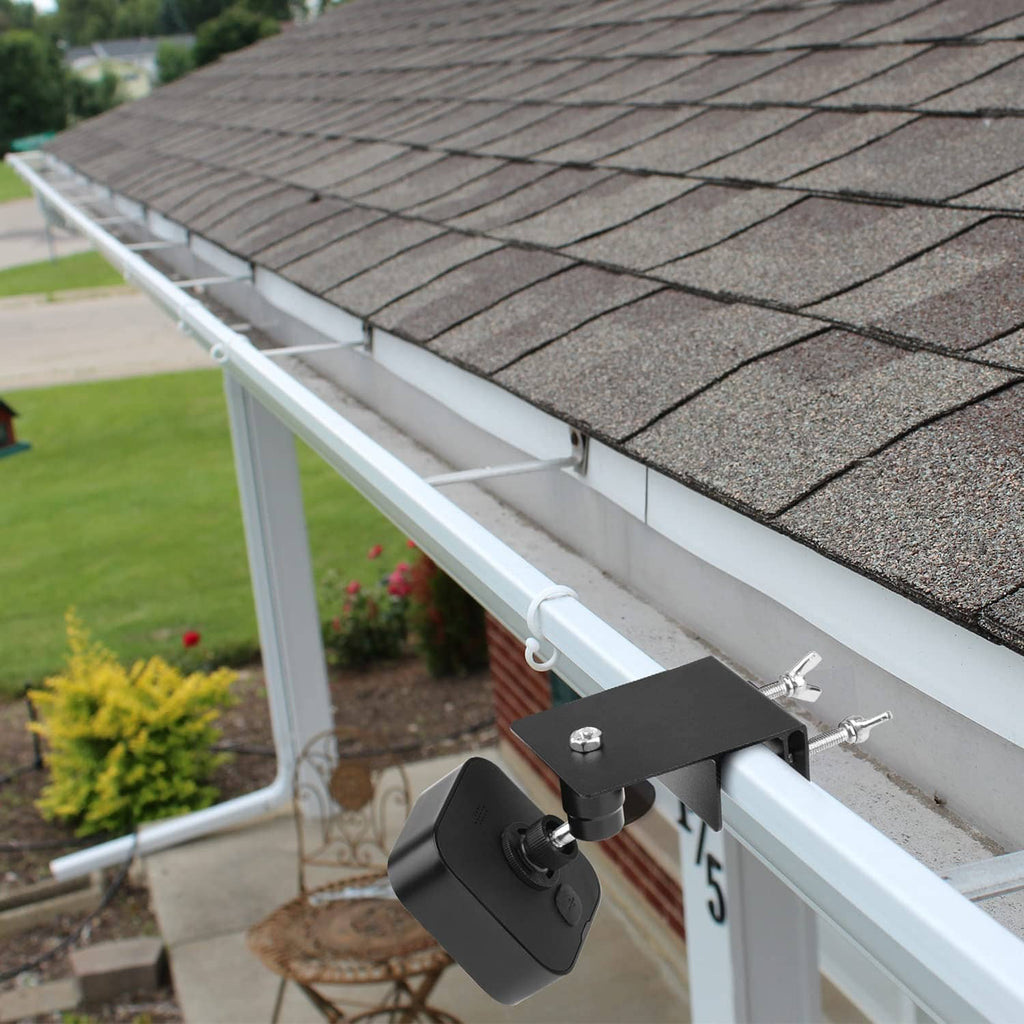 Black gutter mount attached to a white gutter with adjustable bracket