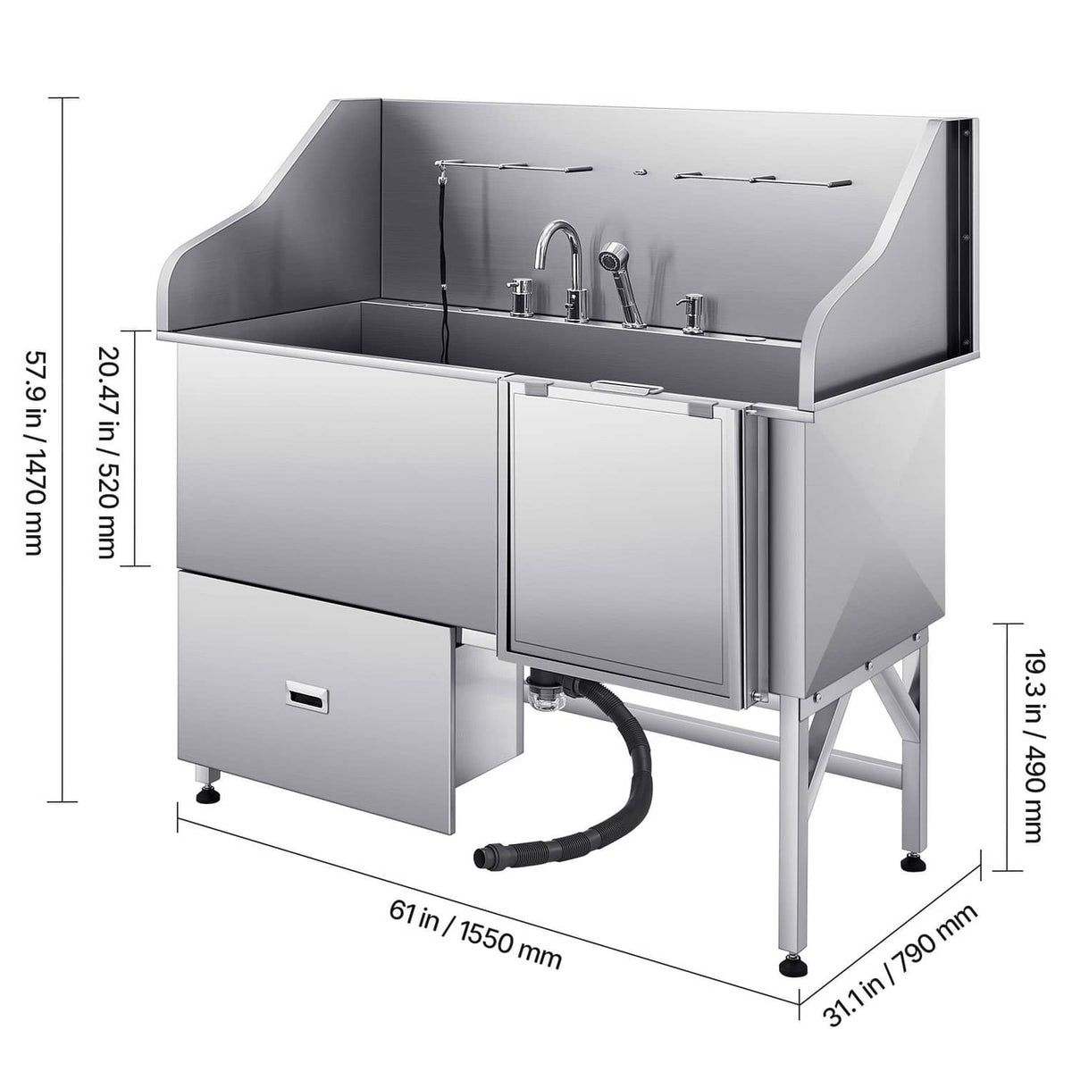 Stainless steel pet grooming tub with open front door, sink basin, and flexible drain hose