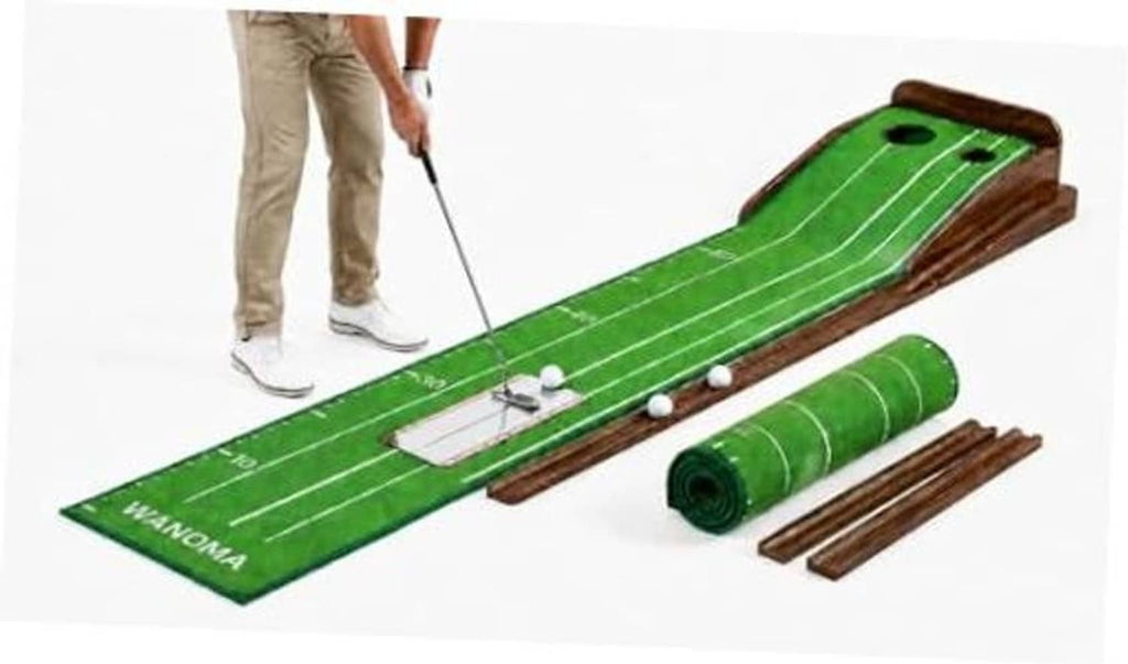 Green golf putting practice mat with wooden frame, alignment lines, and training balls