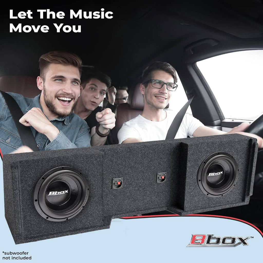 Gray dual subwoofer enclosure with two black subwoofers and circular speaker ports.