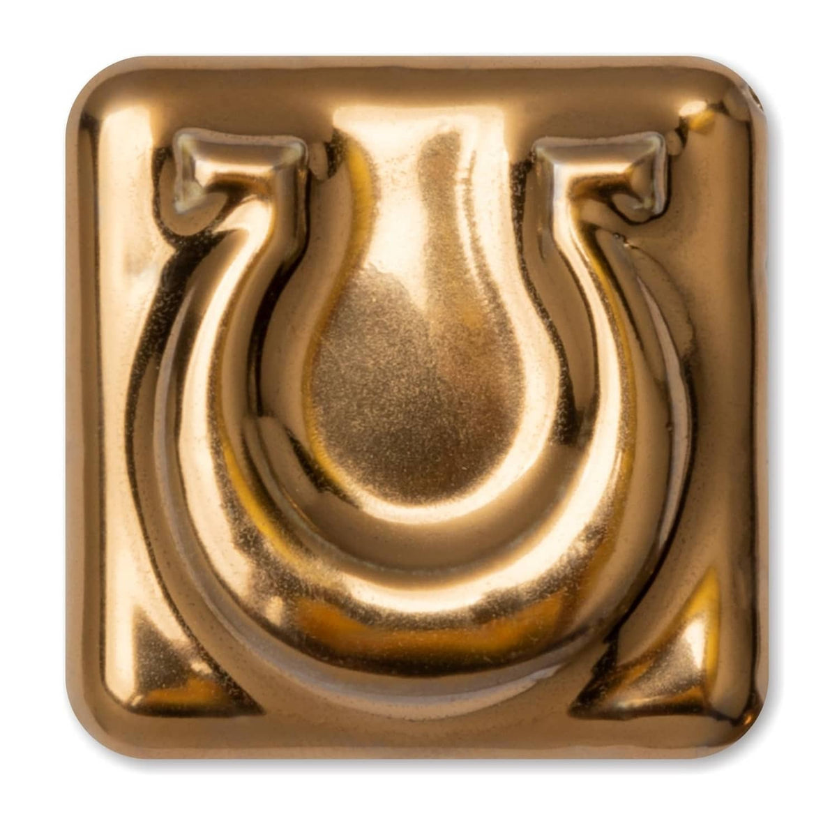 Rectangular ceramic tile with glossy metallic gold U-shaped glaze swirl