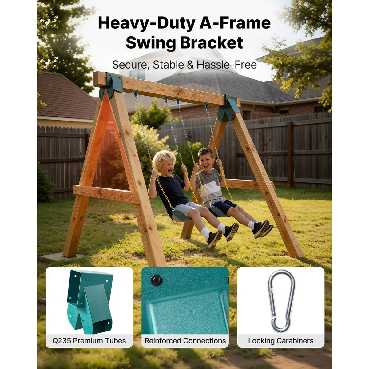 Teal swing set brackets mounted on a wooden A-frame with hanging straps