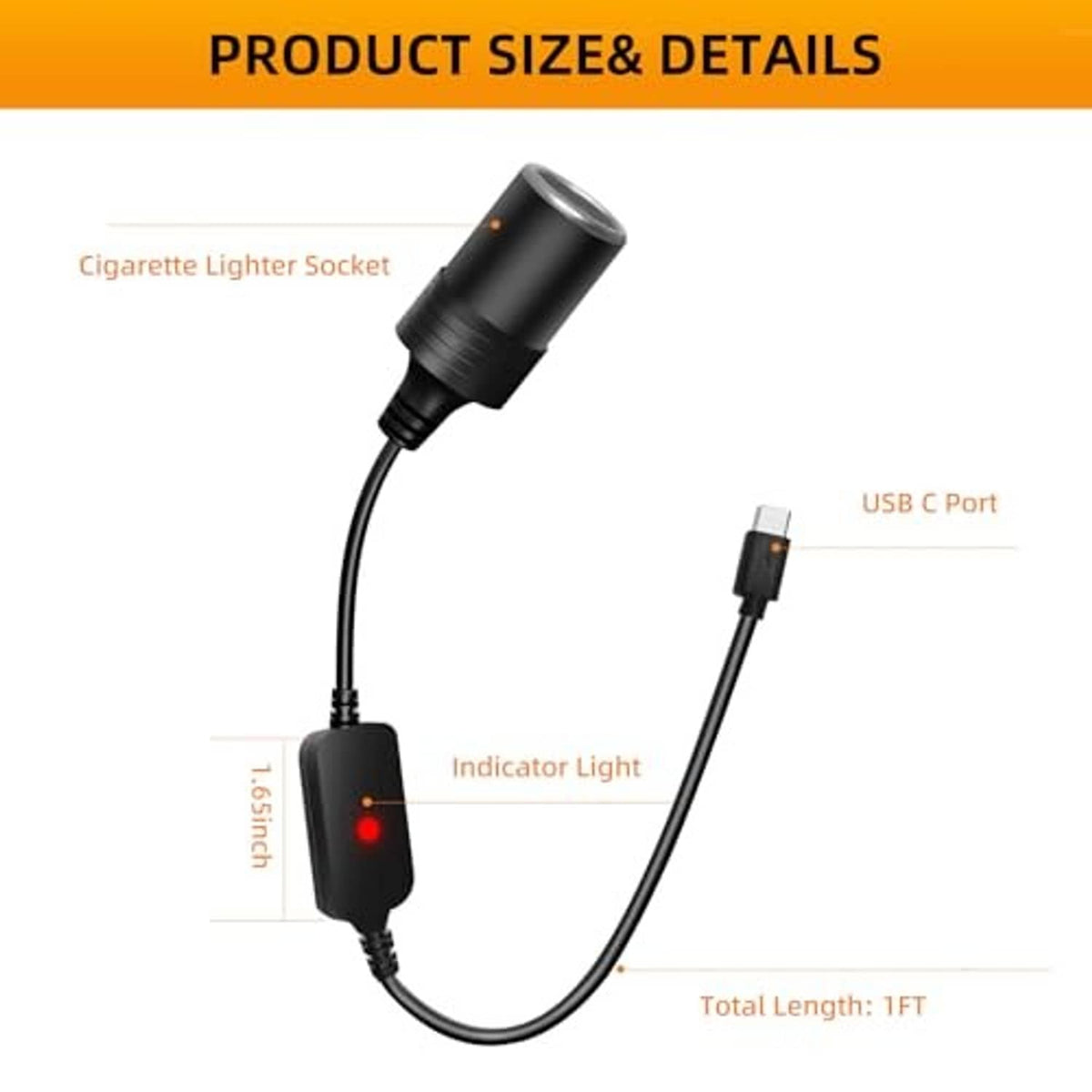 USB-C to 12V cigarette lighter adapter with indicator light and USB-C port