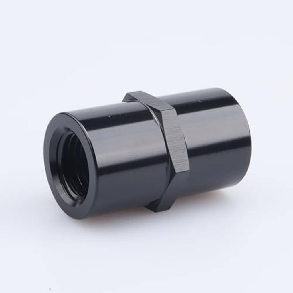 Black 1/4 in NPT female piping coupler fitting, angled view with internal thread opening