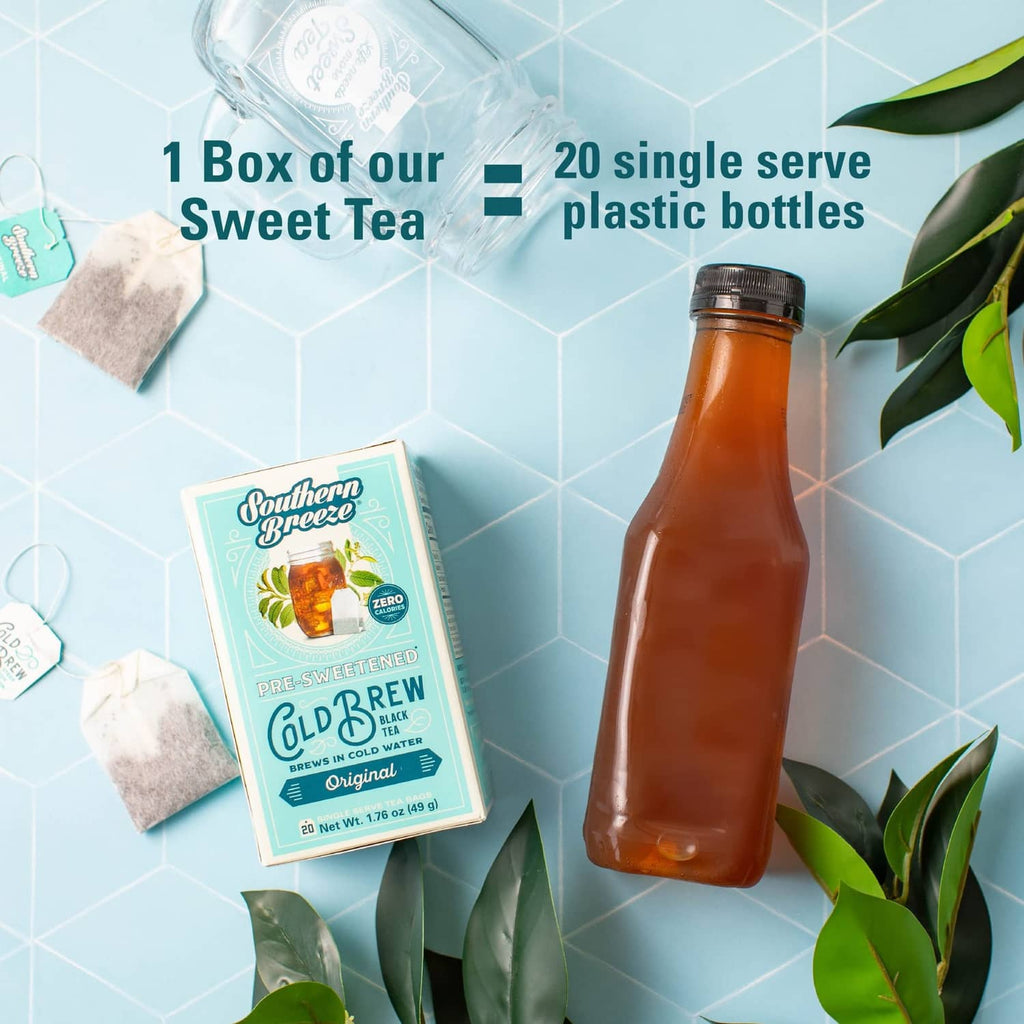 Southern Breeze sweet tea cold brew blackberry, carton box and bottle with tea