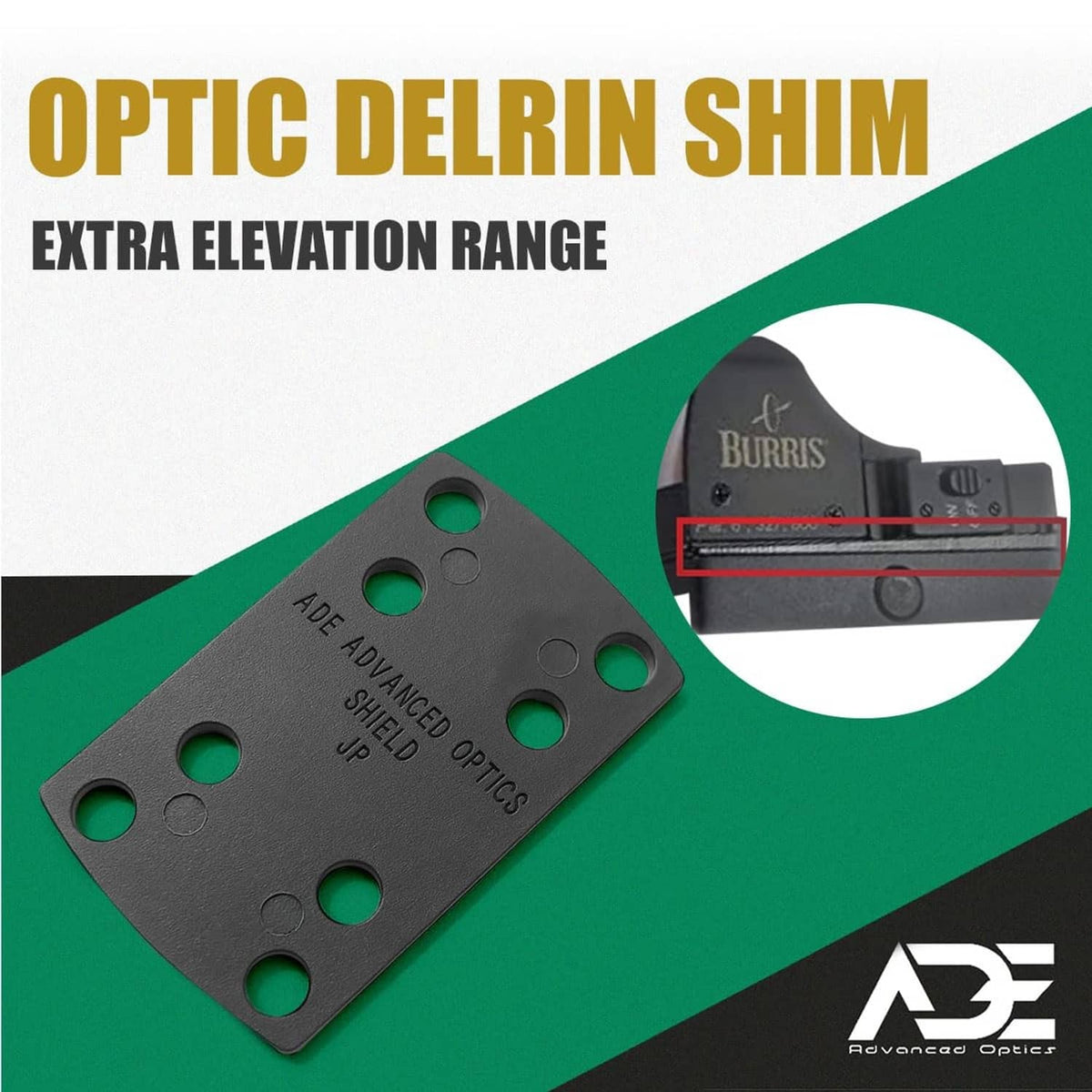 Dark gray optic Delrin shim plate with six holes and green inserts