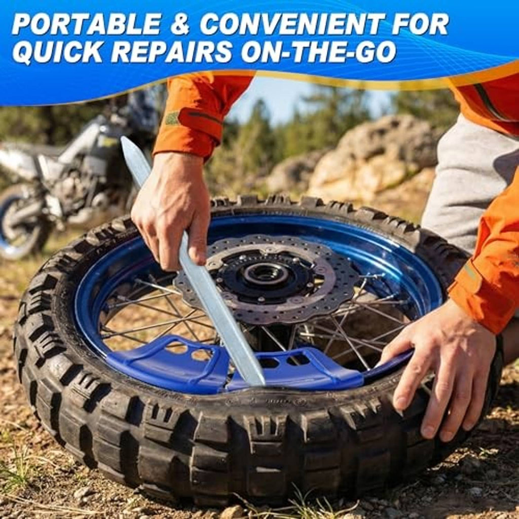 Silver tire iron and blue rim protector used on a dirt bike wheel during tire change