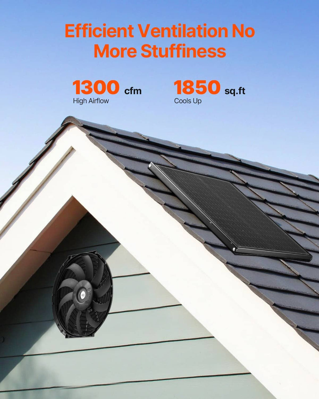 Solar panel and gable-mount attic exhaust fan on roof, angled installation