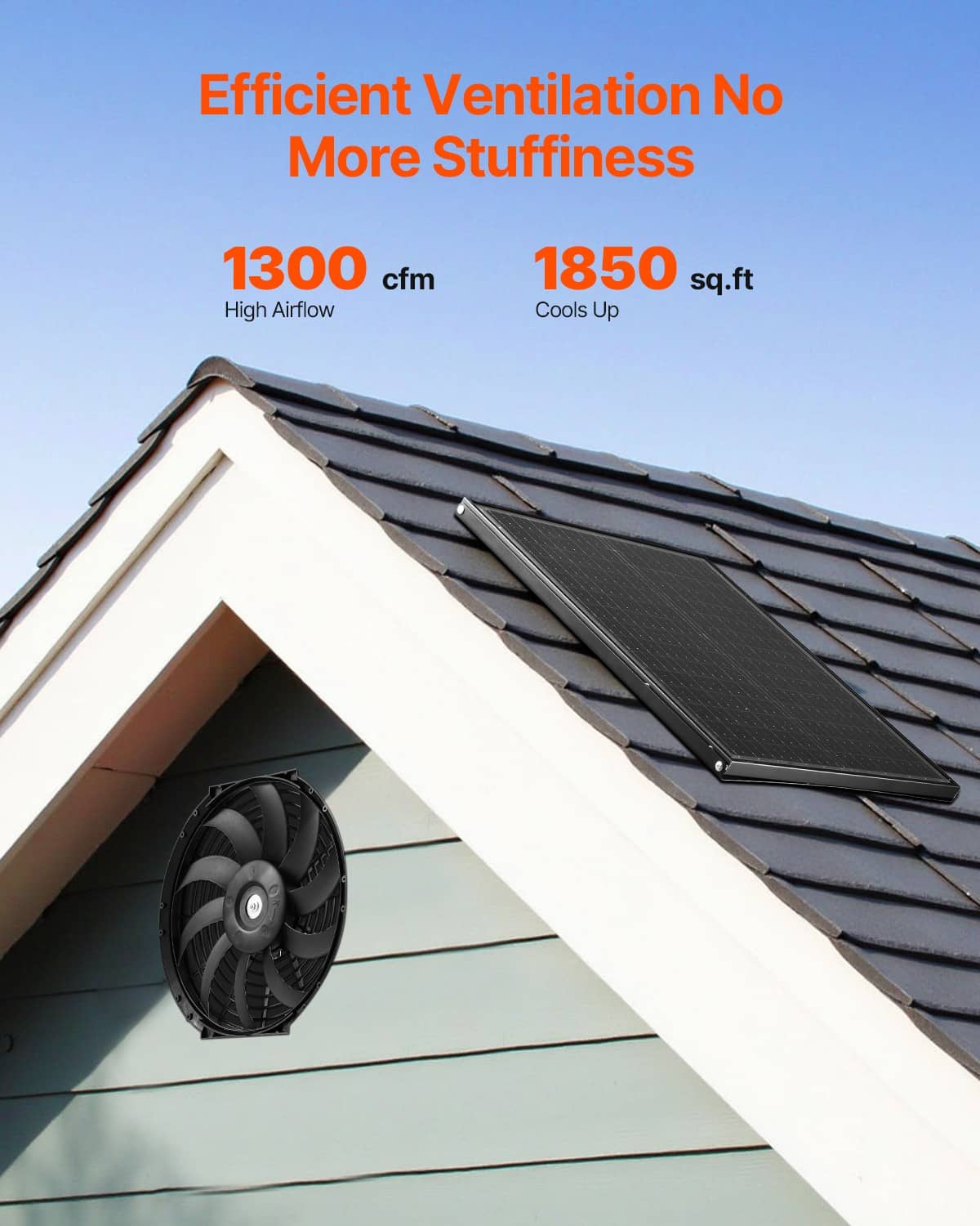 Solar panel and gable-mount attic exhaust fan on roof, angled installation