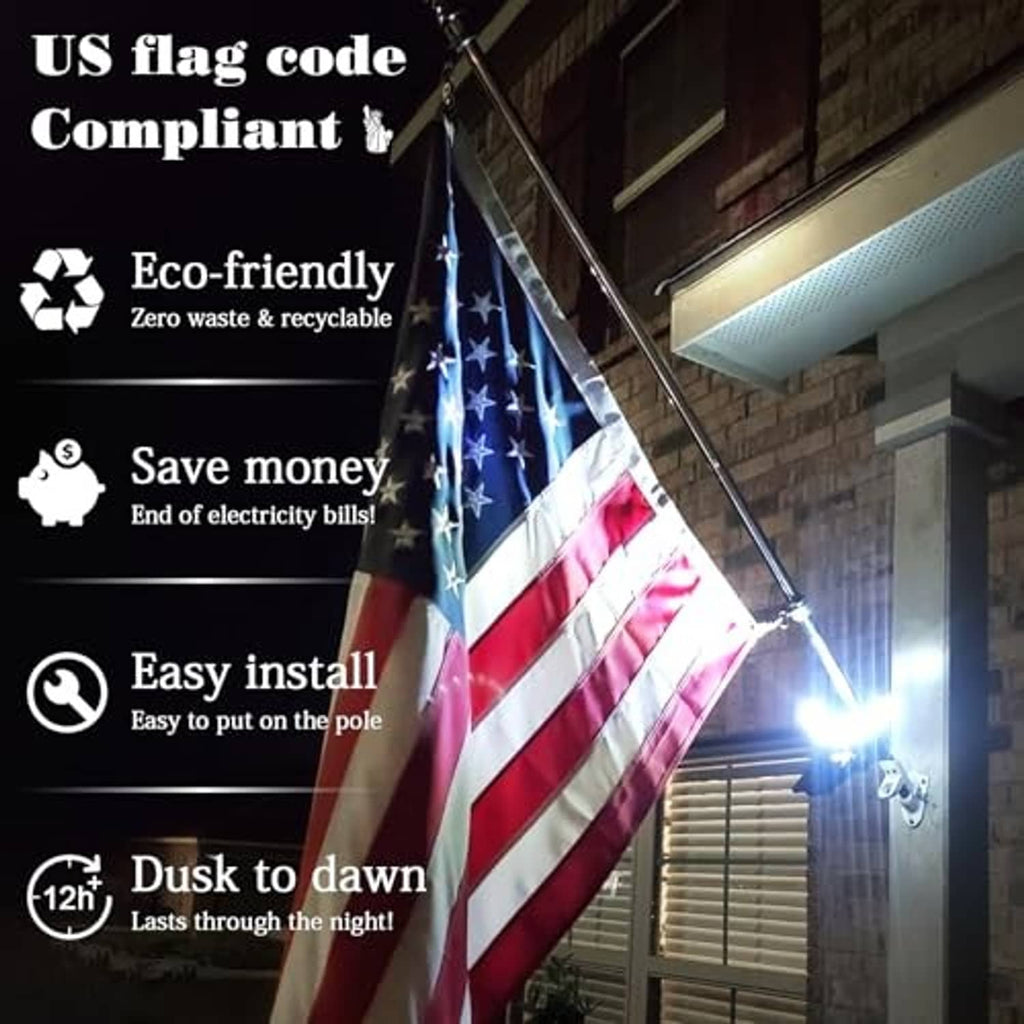 Solar flagpole light shining from a white LED arc on a flagpole