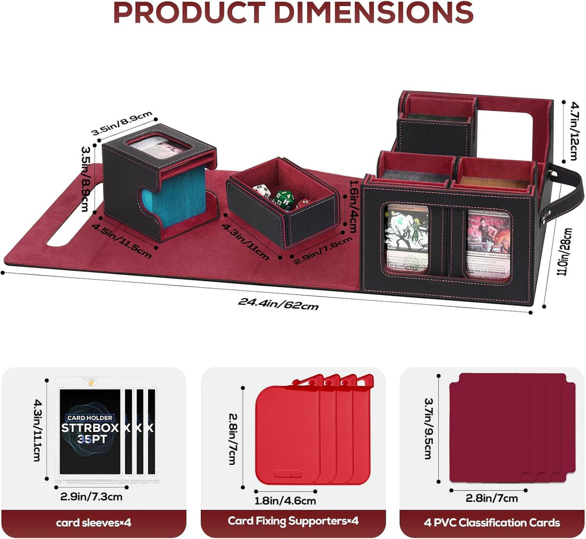 Card storage box with organizer inserts and hand strap, shown with labeled dimensions diagram.