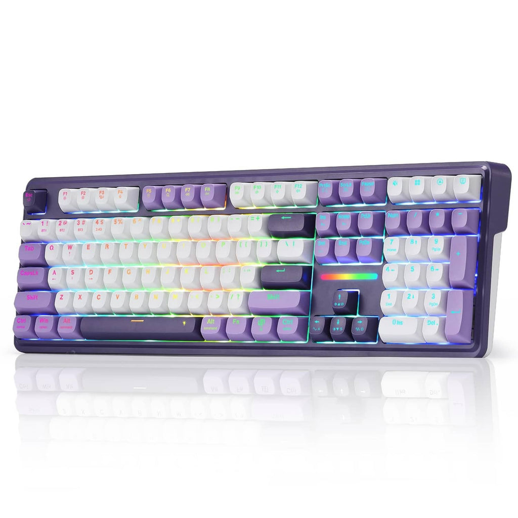 Purple 108-key gasket gaming keyboard with white keycaps and multicolor RGB backlighting