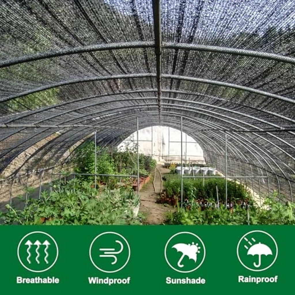 Black shade cloth stretched over a greenhouse tunnel with evenly spaced support bars
