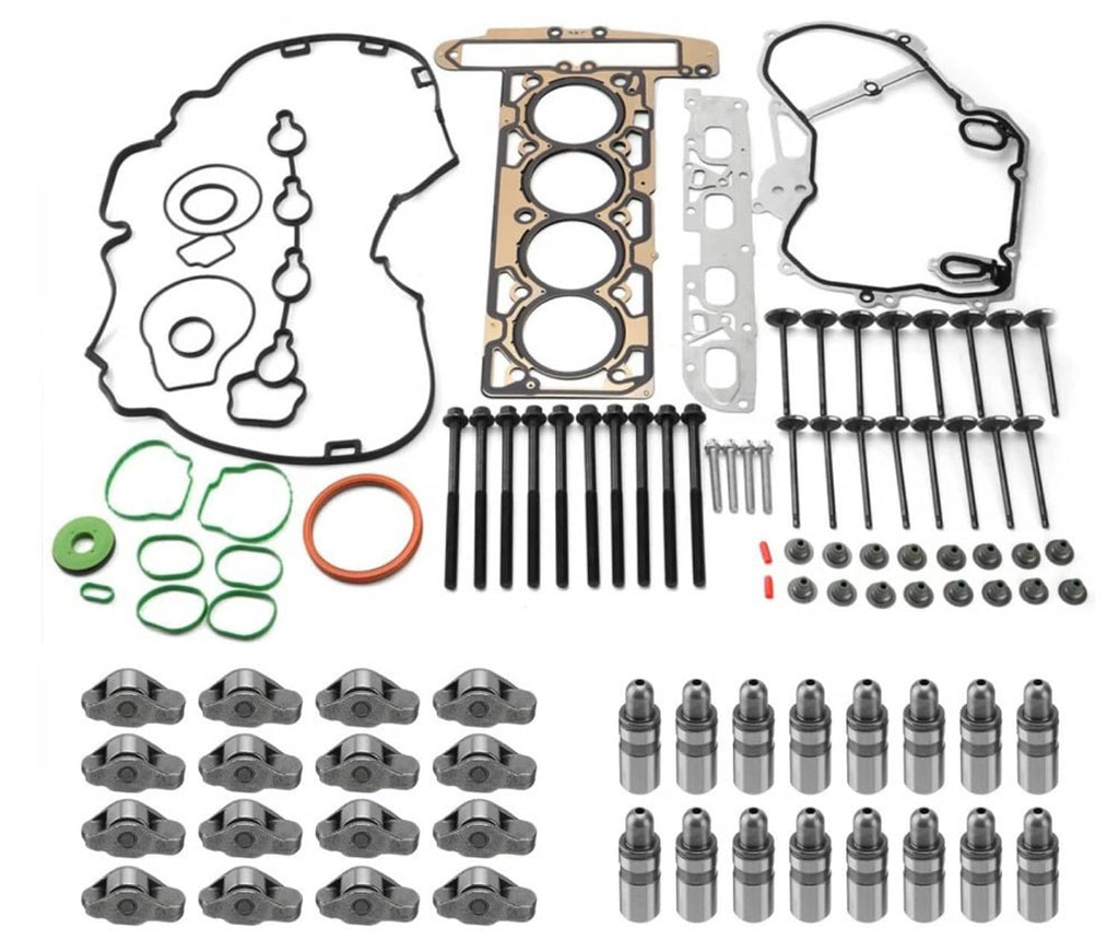 Head gasket and valve lifter set with rocker hardware, bolts, and assorted seal rings