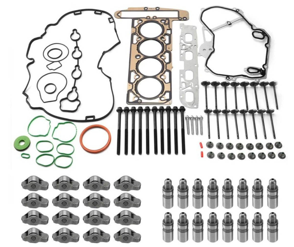 Head gasket and valve lifter set with rocker hardware, bolts, and assorted seal rings
