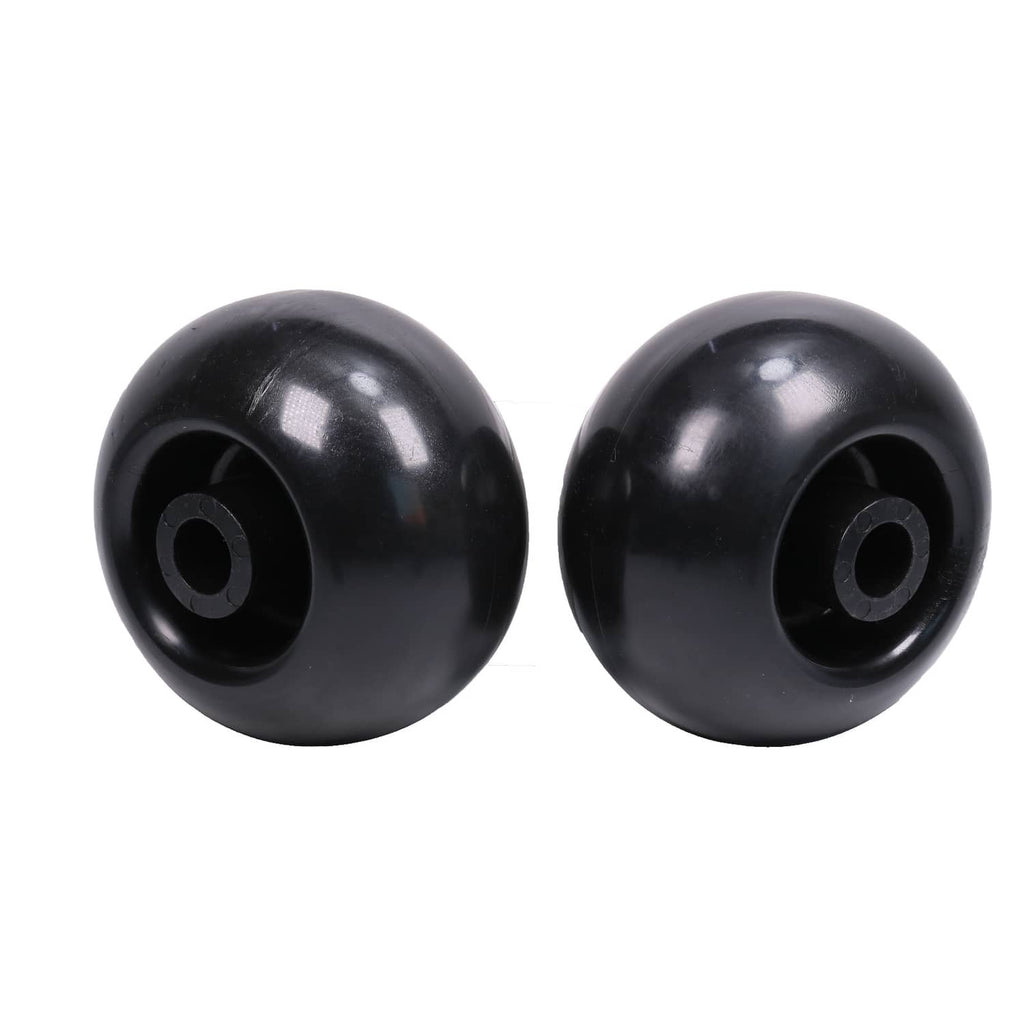 Two black deck wheels from an angle, showing side rim and center opening