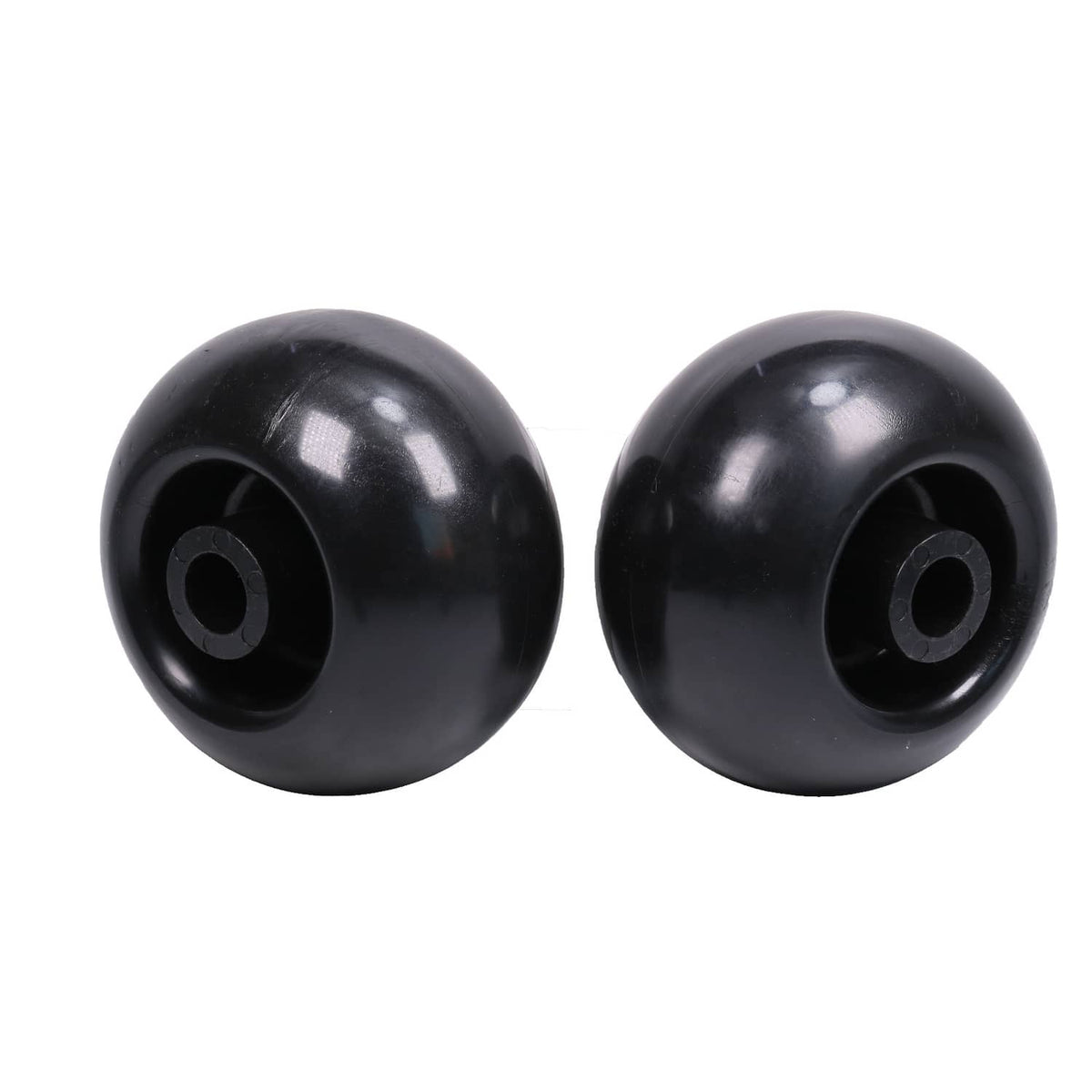 Two black deck wheels from an angle, showing side rim and center opening