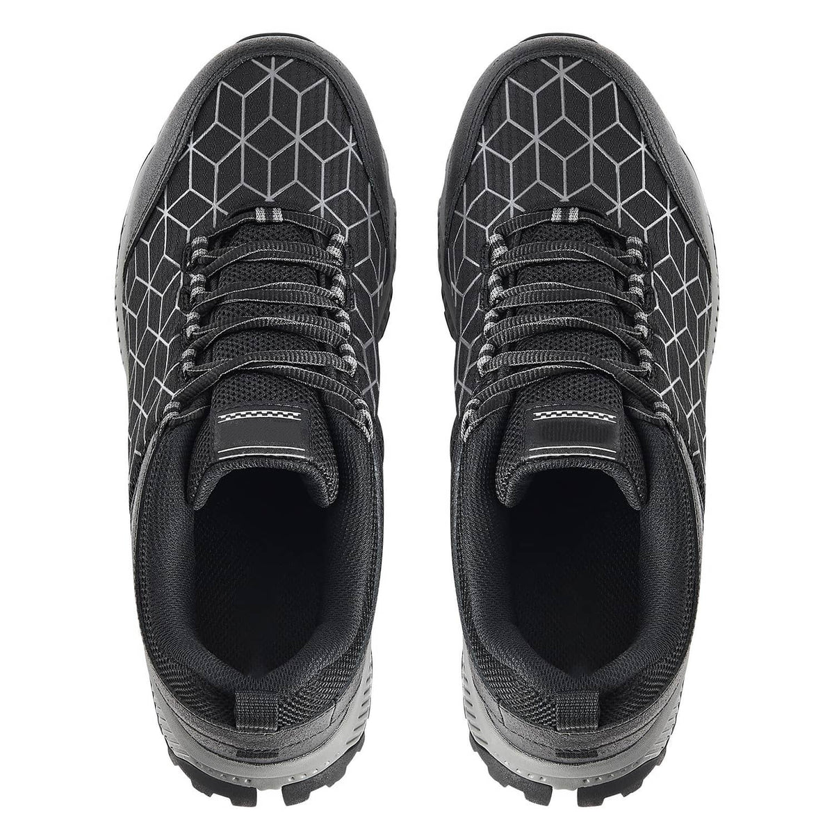 Men's black lace-up steel toe work shoes, front view pair