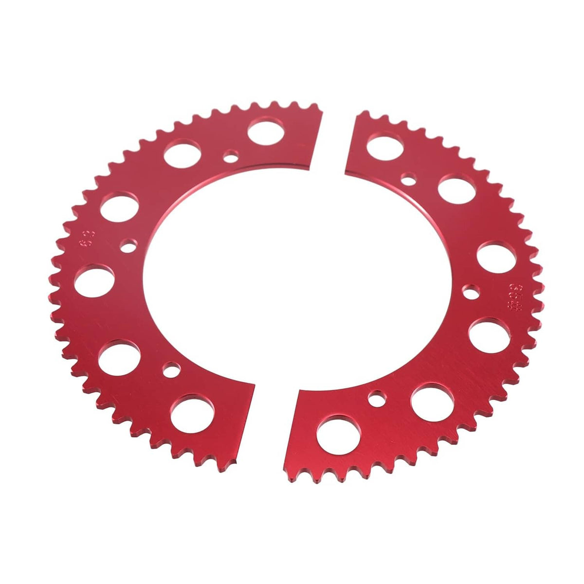 Red 63T sprocket halves with circular holes and sharp chain teeth