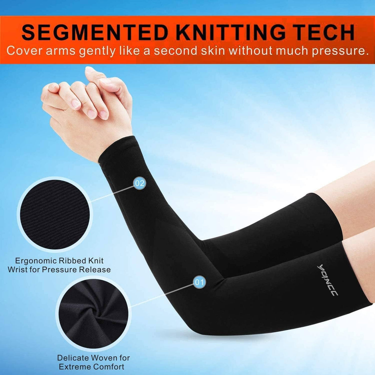 Black segmented knit arm sleeves, second-skin fit for comfort