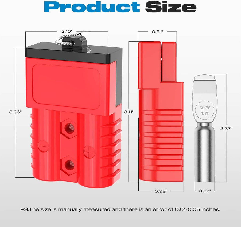 Red battery quick connect with black dust cover and silver plug terminal, side view