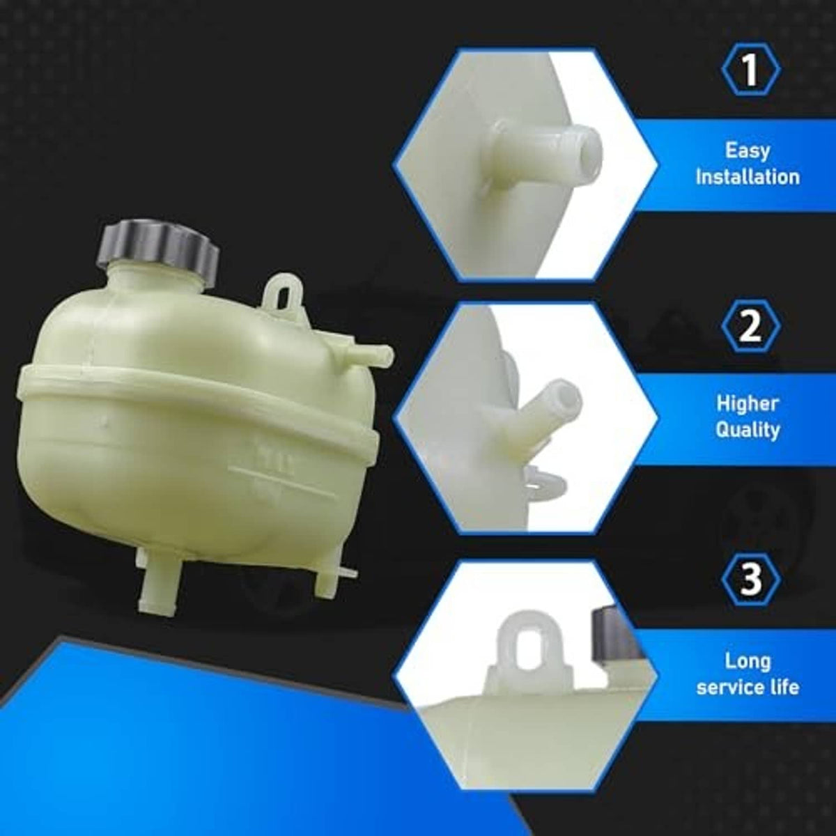 Engine coolant overflow reservoir tank with cap, translucent pale green, side and detail views