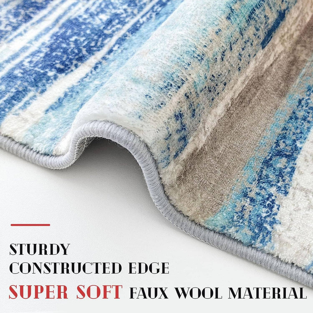 Close-up of blue and beige abstract runner rug edge with soft faux-wool look
