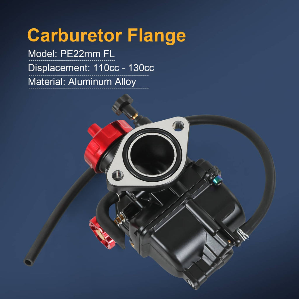 Carburetor with red mounting cap and intake flange, with black hose ports