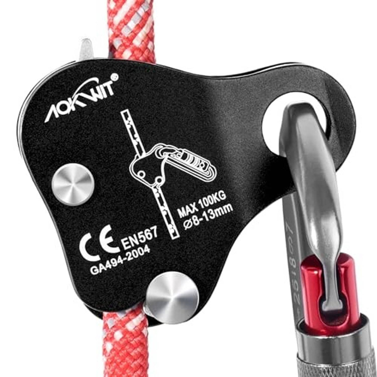 AOKWIT black rope grab belay device with red rope and silver metal connector