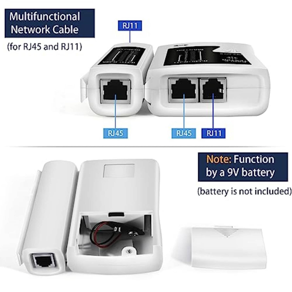 Multifunction RJ45/RJ11 cable tester set with RJ45 and RJ11 port jacks