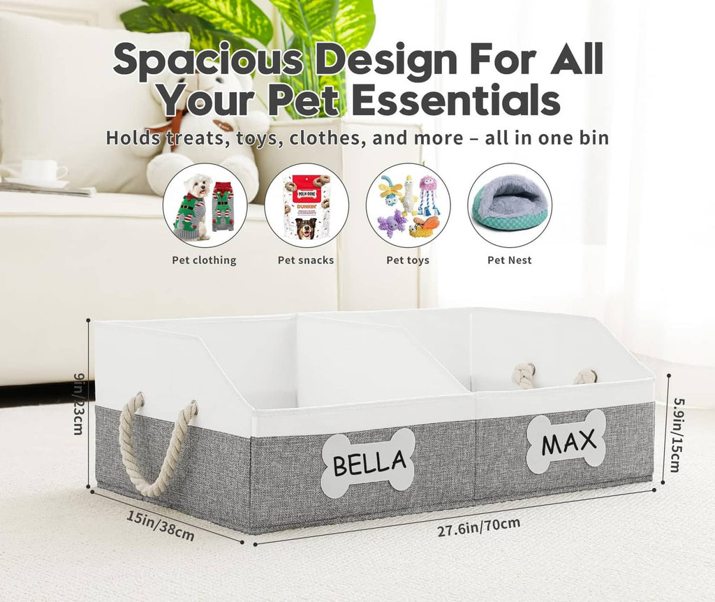 Grey collapsible fabric dog toy basket with open interior and removable divider, wide size
