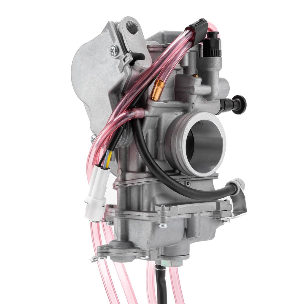 Carburetor assembly with metal mounting plate, 40mm intake, and pink fuel lines