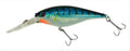 Blue and teal tiger-pattern crankbait fishing lure with three treble hooks.