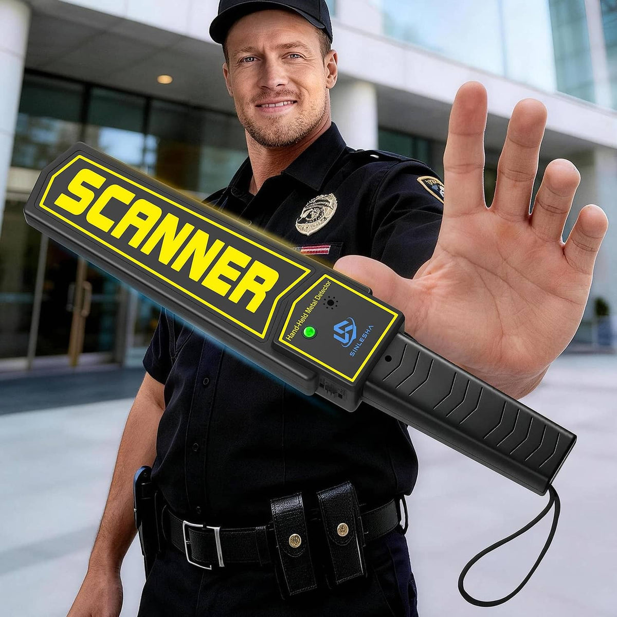 Handheld metal detector wand in black with yellow SCANNER label and LED control panel