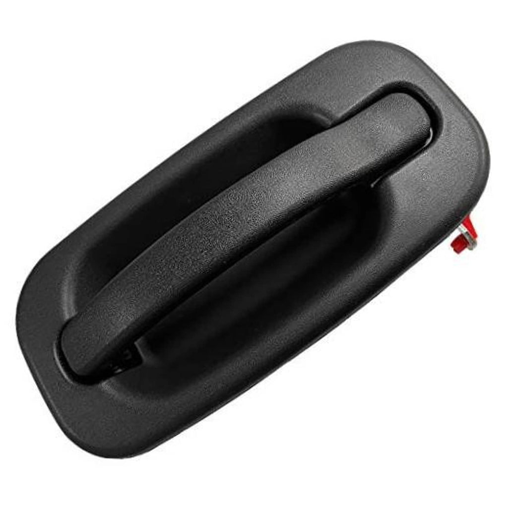 Exterior front passenger side door handle, black plastic with red release pin