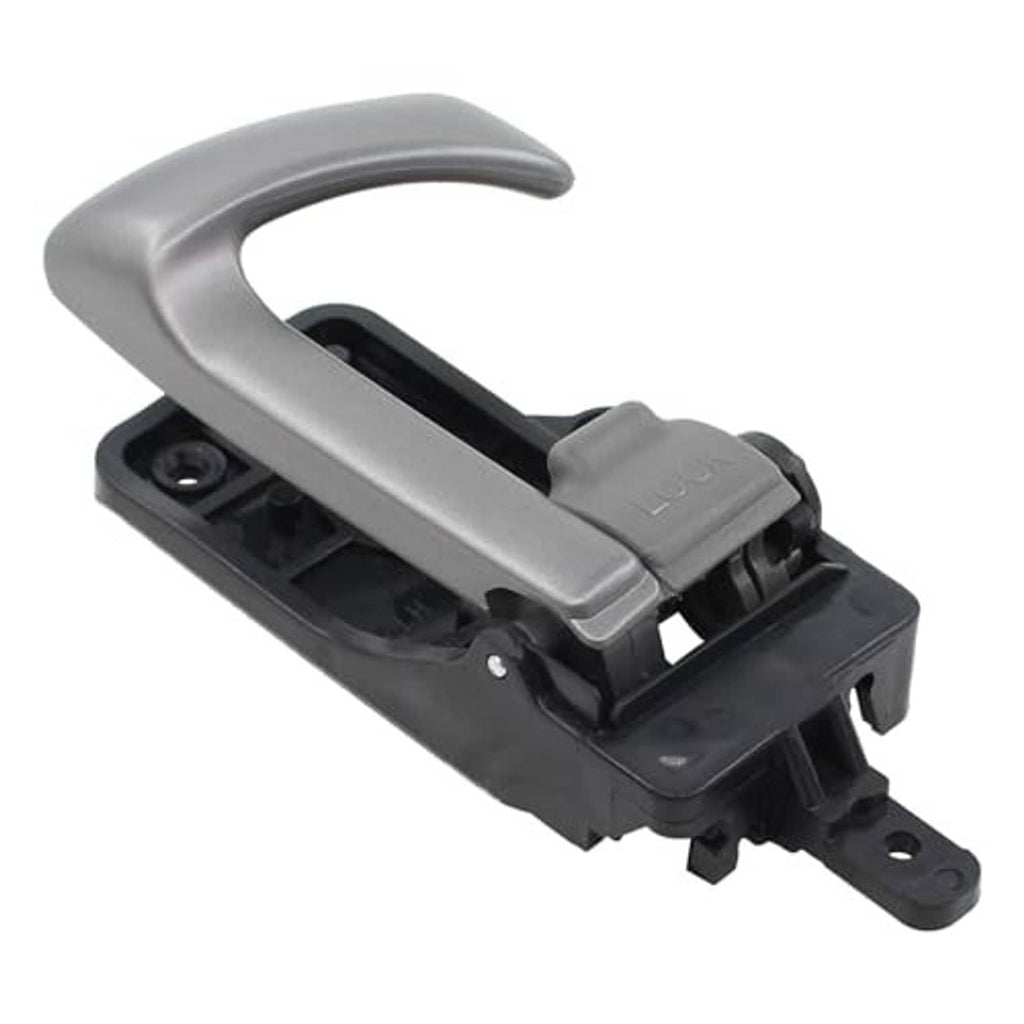 Gray interior door handle with black housing and mounting brackets, driver-side left.