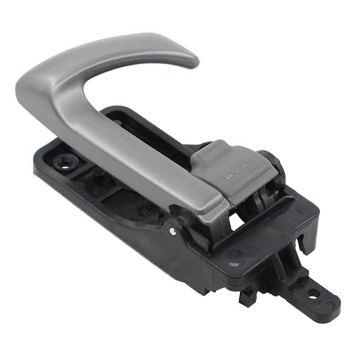 Gray interior door handle with black housing and mounting brackets, driver-side left.