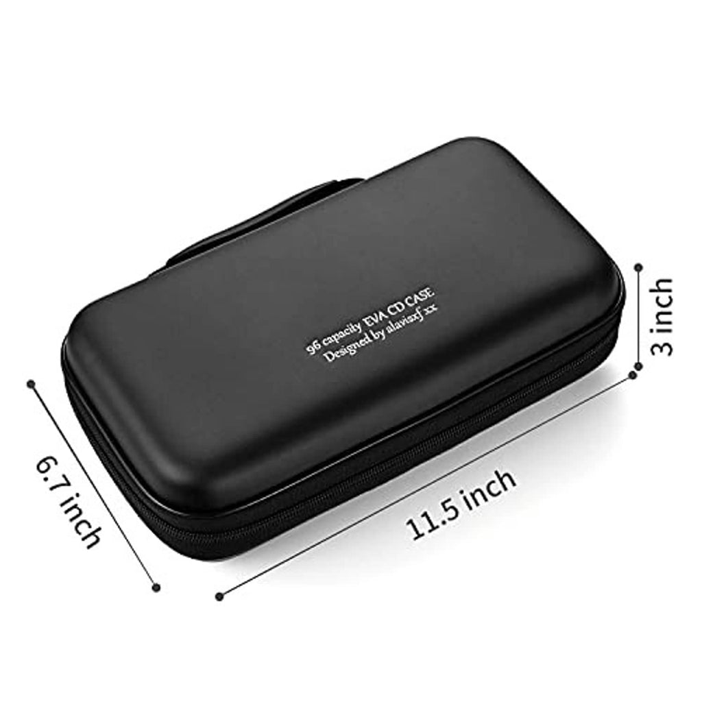 Black hard EVA CD case with dimensions 11.5 x 6.7 x 3 in, zippered shell.