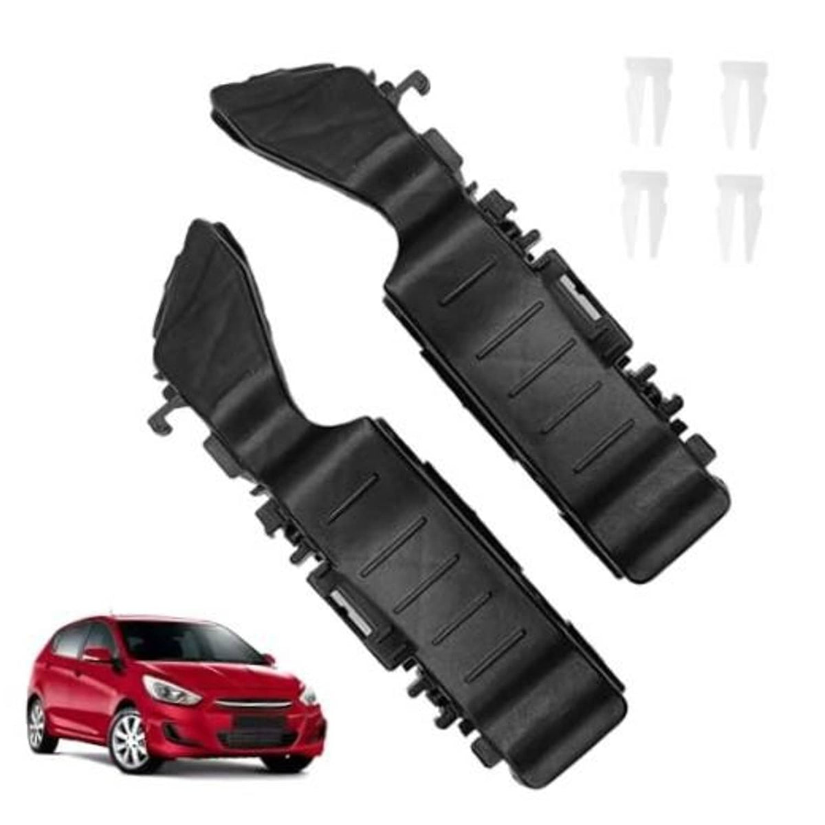 Black front bumper bracket set, left and right molded plastic with mounting tabs