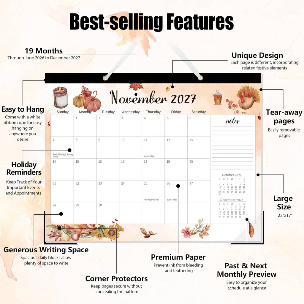 Desk calendar feature panel showing 19 months, tear-away pages, and large 22x17 size