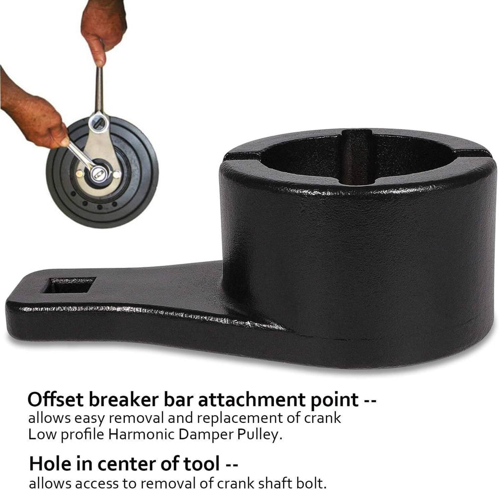 Black offset crankshaft holding tool with center hole and bolt access