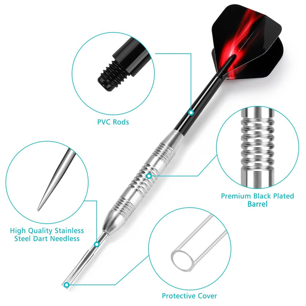 Set of metal-tip darts showing screw-in threads, protective cover, and black PVC rod detail