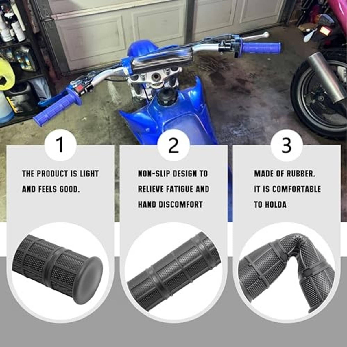 Black throttle grips with textured surface on a motorcycle handlebar