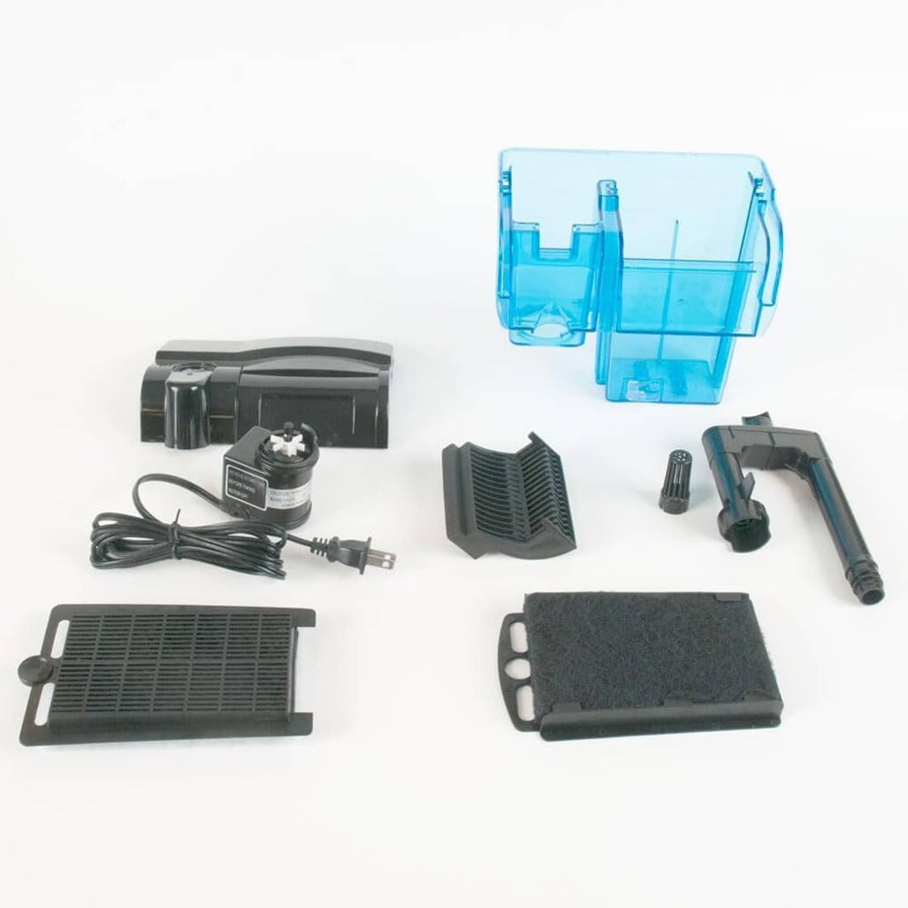 Aquarium filter parts set: housing, intake tube, sponges, grids, and hoses