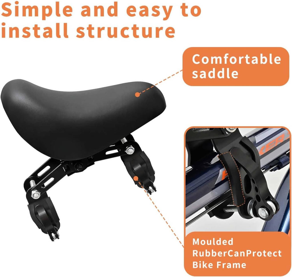 Black padded bike saddle with front clamp mount and adjustment hardware