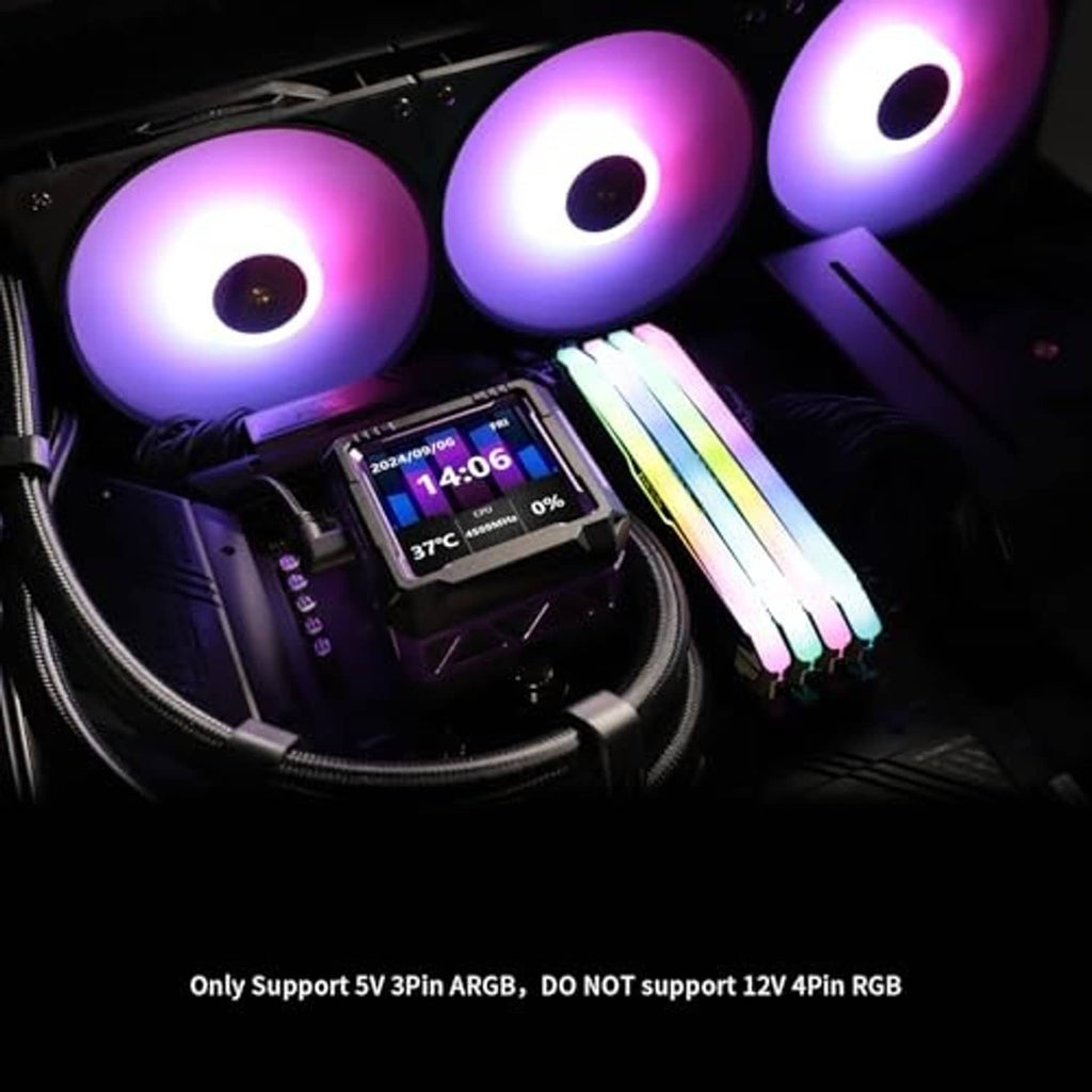 360mm AIO cooler with three illuminated ARGB fans and LCD pump display