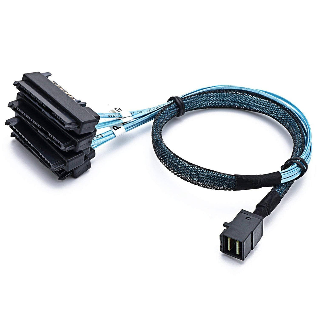 Internal mini SAS HD cable with 29-pin SFF-8482 connectors and blue braided leads