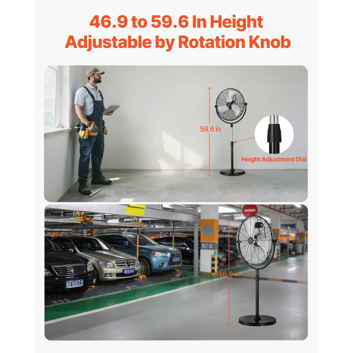Height-adjustable pedestal floor fan with rotation knob and tall standing pole