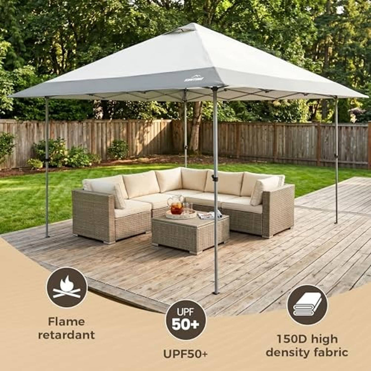 Outdoor canopy top cover in cream with dark gray trim over patio seating frame
