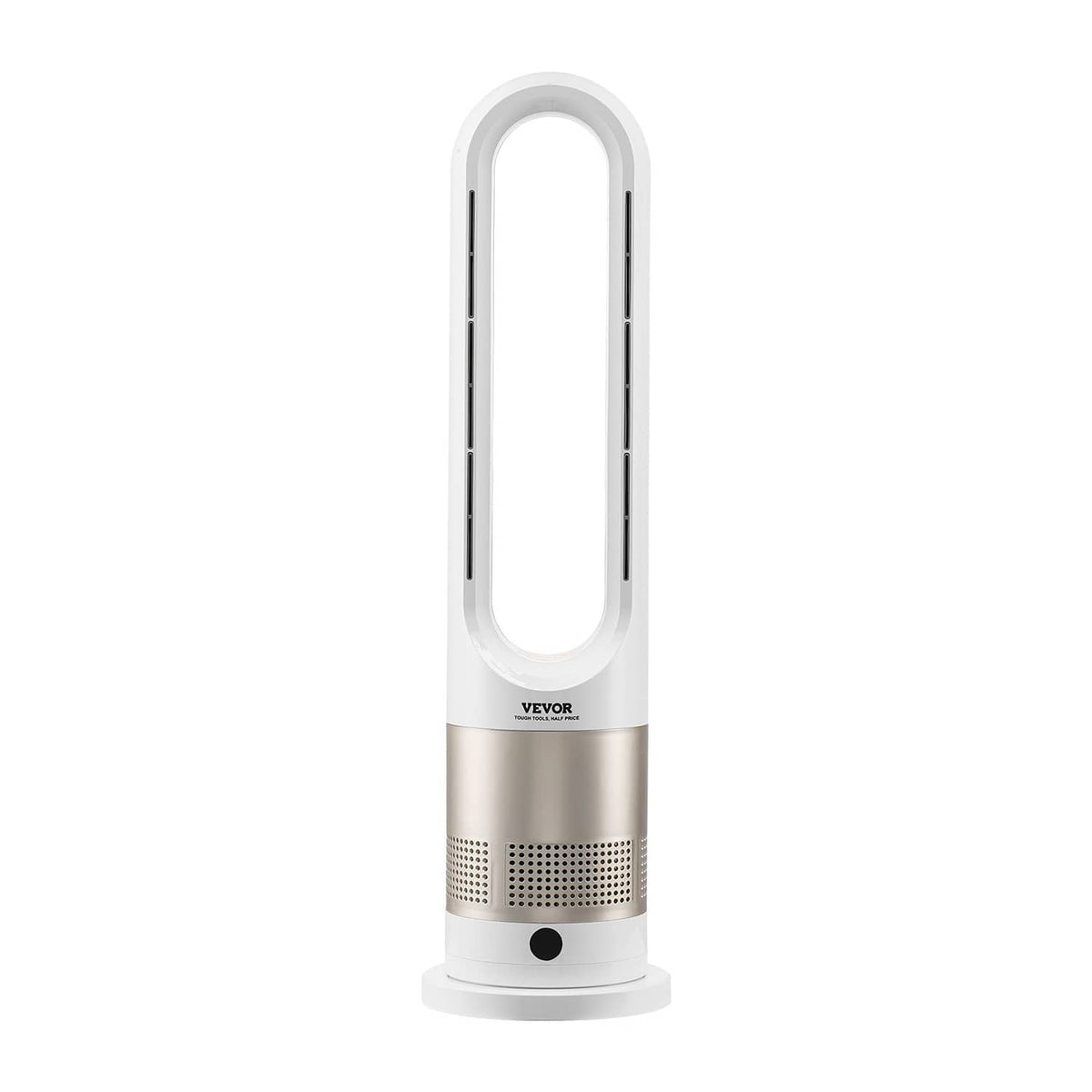 White bladeless tower fan with oval loop frame and control button on base